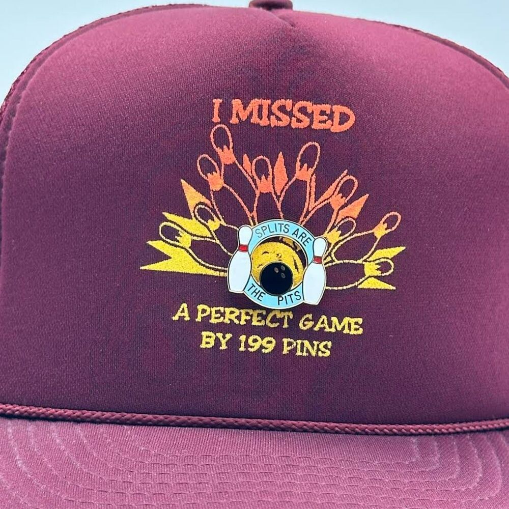 Vintage Bowling Trucker Hat & Pin Strike Funny Graphic SnapBack Flat Bill Maroon - Picture 2 of 9
